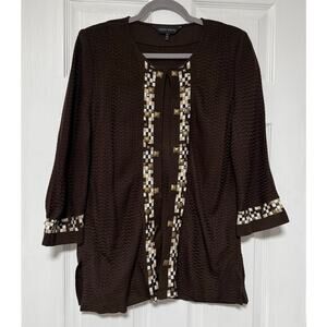 Ming Wang Women's Brown Weave Knit Beaded Cardigan Jacket Size Large